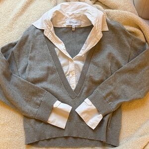 10 Crosby Derek Lam Gray V-Neck Sweater with White Collar